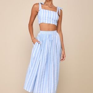 Lulus Cheerful Season Blue Striped Two-piece Midi Dress With Pockets - Size M